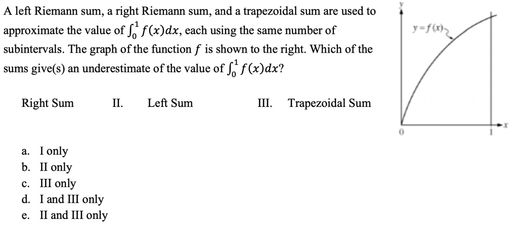 a left riemann sum a right riemann sum and a trapezoidal sum are used ...