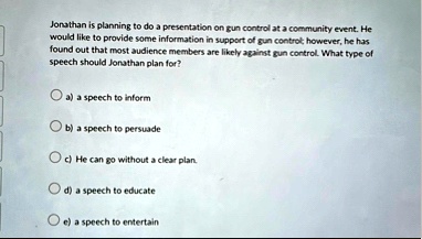 jonathan is planning to do a presentation on gun control at a community event he would like to provide some information in support of gun control however he has found out that most audience  45594