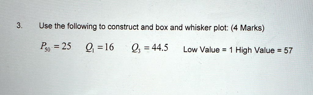 3 use the following to construct and box and whisker plot 4 marks p50 25 q1 16 q3 445 low value 1 high value 57 49041
