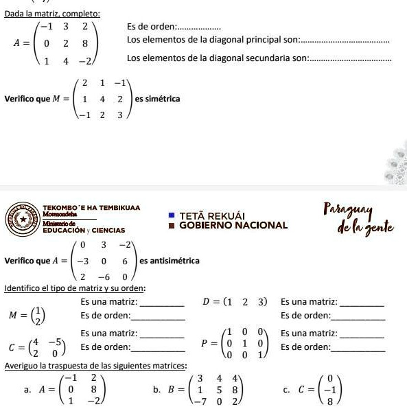 SOLVED: Dada la motriz, concepto: Dada matrizcompleto: Es de orden: Los ...