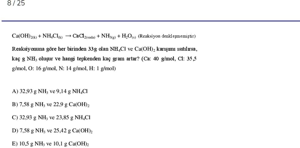 SOLVED: Ca(OH)2 + NH4Cl â†’ CaCl2 + NH3 + H2O (Reaction equation