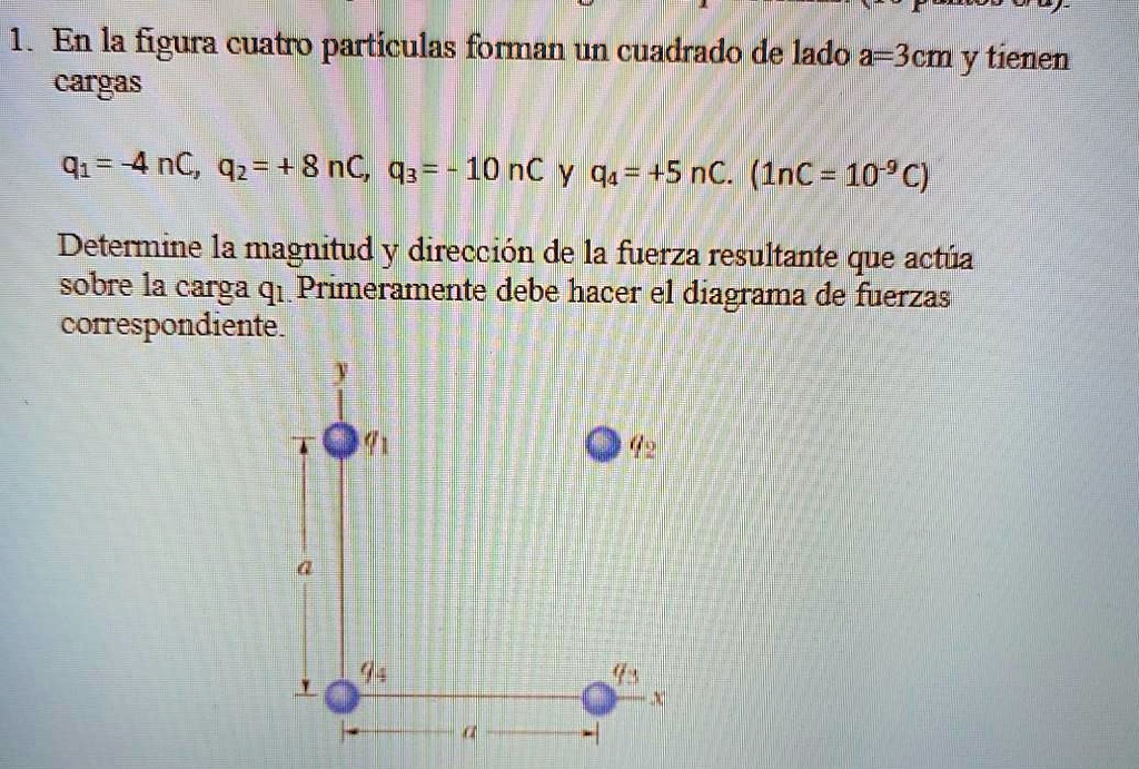 1. En la figura cuatro partículas forman un cuadrado de lado a=3cm y tienen cargas

q1 = -4 nC, q2 = +8 nC, q3 = -10 nC y q4 = +5 nC. (1nC = 10^-9 C)

Determine la magnitud y dirección de la fuerza resultante que actúa sobre la carga q1. Primeramente debe hacer el diagrama de fuerzas correspondiente.