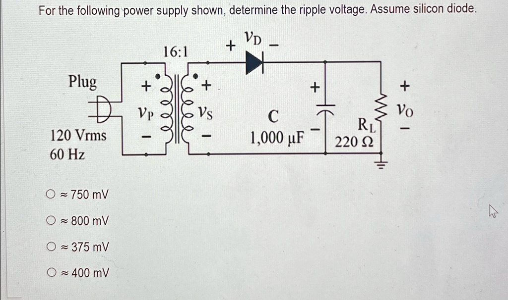 For the following power supply shown, determine the ripple voltage ...