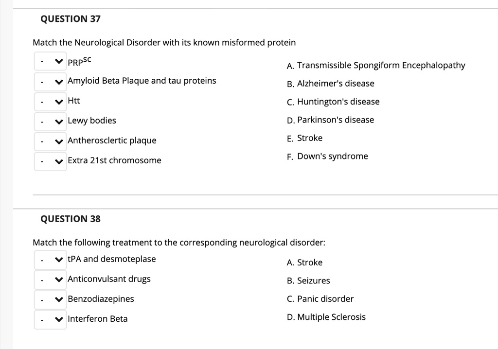 SOLVED: QUESTION 37 Match the Neurological Disorder with its known