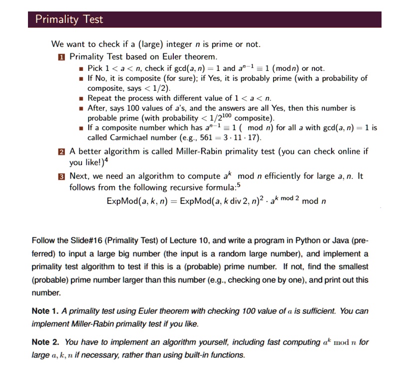 primality test we want to check if a large integer n is prime or not ...