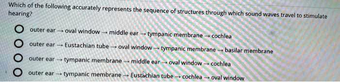 which of the following accurately represents the hearing sequence of structures through which sound waves travel to stimulate ouler ear oval window middle ear tympanic membrane cochlea outer 91649