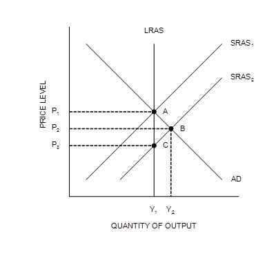 PRICE LEVEL
LRAS
SRAS1
SRAS2
P1
A
P2
B
P3
C
AD
Y1 Y2
QUANTITY OF OUTPUT