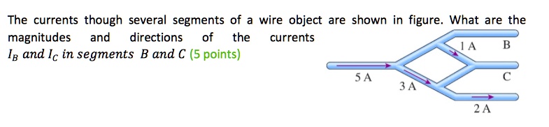 The currents though several segments of a wire object are shown in figure. What are the magnitudes and directions of the currents IB and IC in segments B and C (5 points)