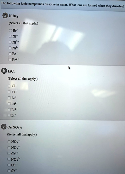 SOLVED: The following ionic compounds dissolve in water: What ions are ...