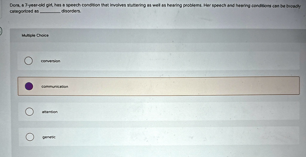 Dora, a 7-year-old girl, has a speech condition that involves stuttering as well as hearing problems. Her speech and hearing conditions can be broadly categorized as  disorders.
Multiple Choice
conversion
communication
attention
genetic