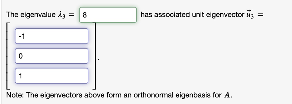 the eigenvalue 3 8 has associated unit eigenvector u3 note the eigenvectors above form an orthonormal eigenbasis for a 20512