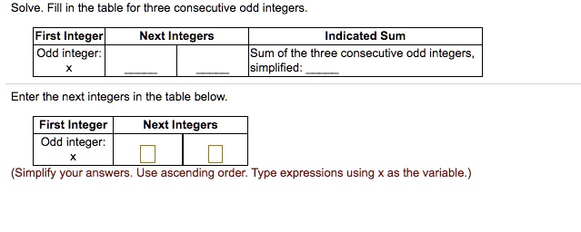 SOLVED: Solve. Fill in the table for three consecutive odd integers ...