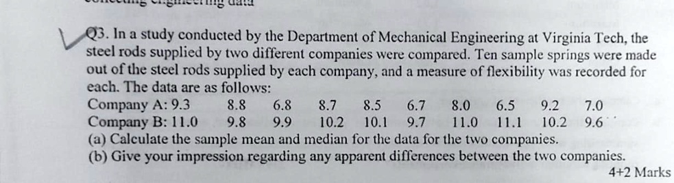 Q3. In a study conducted by the Department of Mechanical Engineering at Virginia Tech, the steel rods supplied by two different companies were compared. Ten sample springs were made out of the steel rods supplied by each company, and a measure of flexibility was recorded for each. The data are as follows:
Company A: 9.3 8.8 6.8 8.7 8.5 6.7 8.0 6.5 9.2 7.0
Company B: 11.0 9.8 9.9 10.2 10.1 9.7 11.0 11.1 10.2 9.6
(a) Calculate the sample mean and median for the data for the two companies.
(b) Give your impression regarding any apparent differences between the two companies.
4+2 Marks