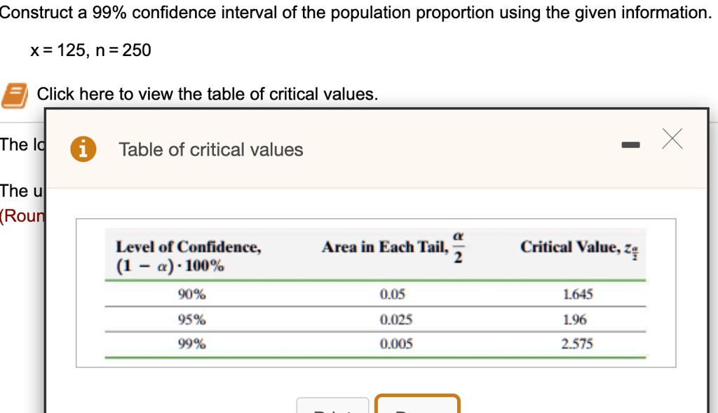 SOLVED: Construct a 99% confidence interval of the population - Critical Value For 98 Confidence Interval