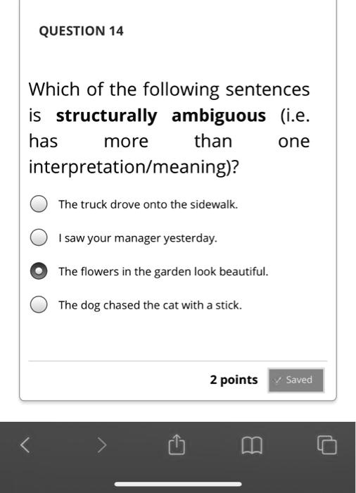 Which of the following sentences is structurally ambiguous (i.e. has more than one interpretation/meaning)?

The truck drove onto the sidewalk.
I saw your manager yesterday.
The flowers in the garden look beautiful.
The dog chased the cat with a stick.