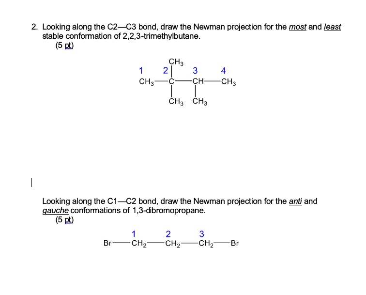 Looking along the C2C3 bond, draw the Newman projection for the most and least stable