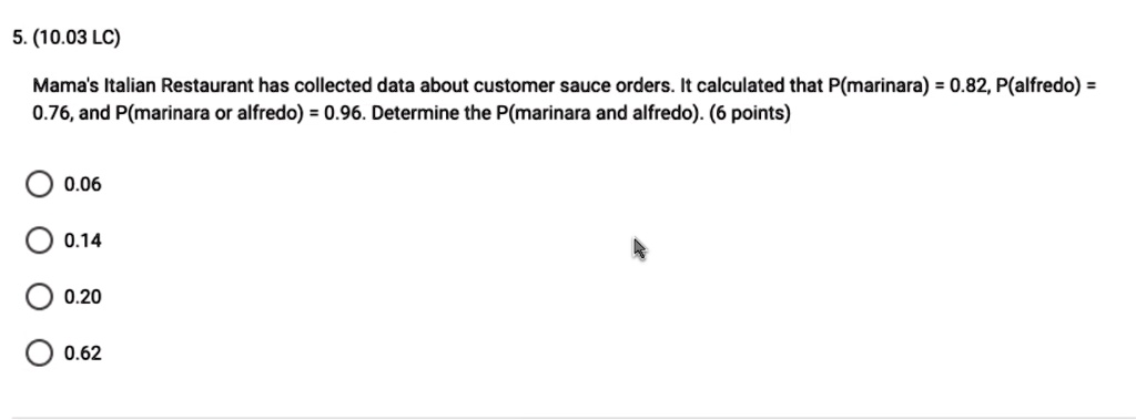 5. (10.03 LC)
Mama's Italian Restaurant has collected data about customer sauce orders. It calculated that P(marinara) = 0.82, P(alfredo) = 0.76, and P(marinara or alfredo) = 0.96. Determine the P(marinara and alfredo). (6 points)
0.06
0.14
0.20
0.62