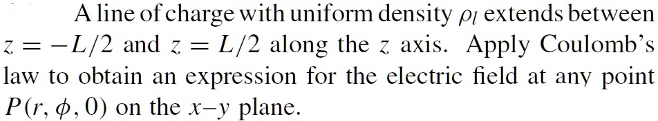 A line of charge with uniform density extends between z = -L/2 and z ...