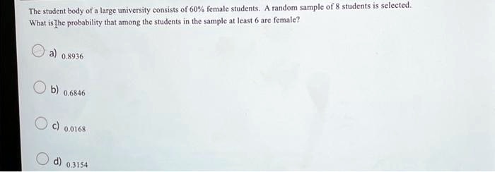 The student body of a large university consists of 60% female students ...