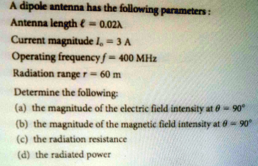 A dipole antenna has the following parameters: Antenna length ℓ = 0.02λ ...