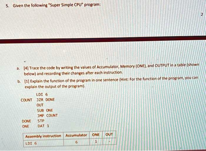 SOLVED: Given the following Super Simple CPU program: 4 Trace the code ...