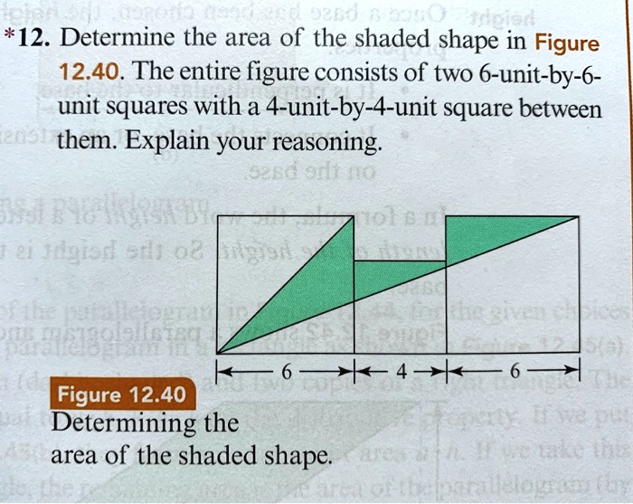 *12. Determine the area of the shaded shape in Figure 12.40. The entire figure consists of two 6-unit-by-6-unit squares with a 4-unit-by-4-unit square between them. Explain your reasoning.

Figure 12.40 Determining the area of the shaded shape.