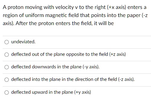 A proton moving with velocity v to the right (+x axis) enters a region of uniform magnetic field that points into the paper (-z axis). After the proton enters the field, it will be

undeviated.
deflected out of the plane opposite to the field (+z axis)
deflected downwards in the plane (-y axis).
deflected into the plane in the direction of the field (-z axis).
deflected upward in the plane (+y axis)