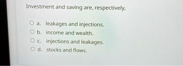 SOLVED: Investment And Saving Are Respectively: A. Leakages And ...