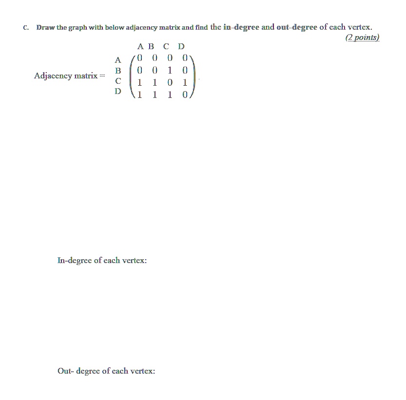 Solved Draw The Graph With The Below Adjacency Matrix And Find The In Degree And Out Degree Of 1631