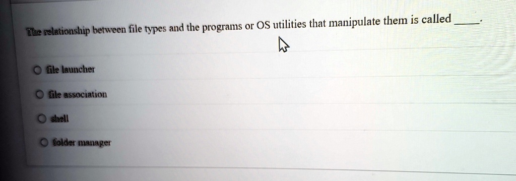 the relationship between file types and the programs or os utilities that manipulate them is called  file launcher file association shell folder manager 93226