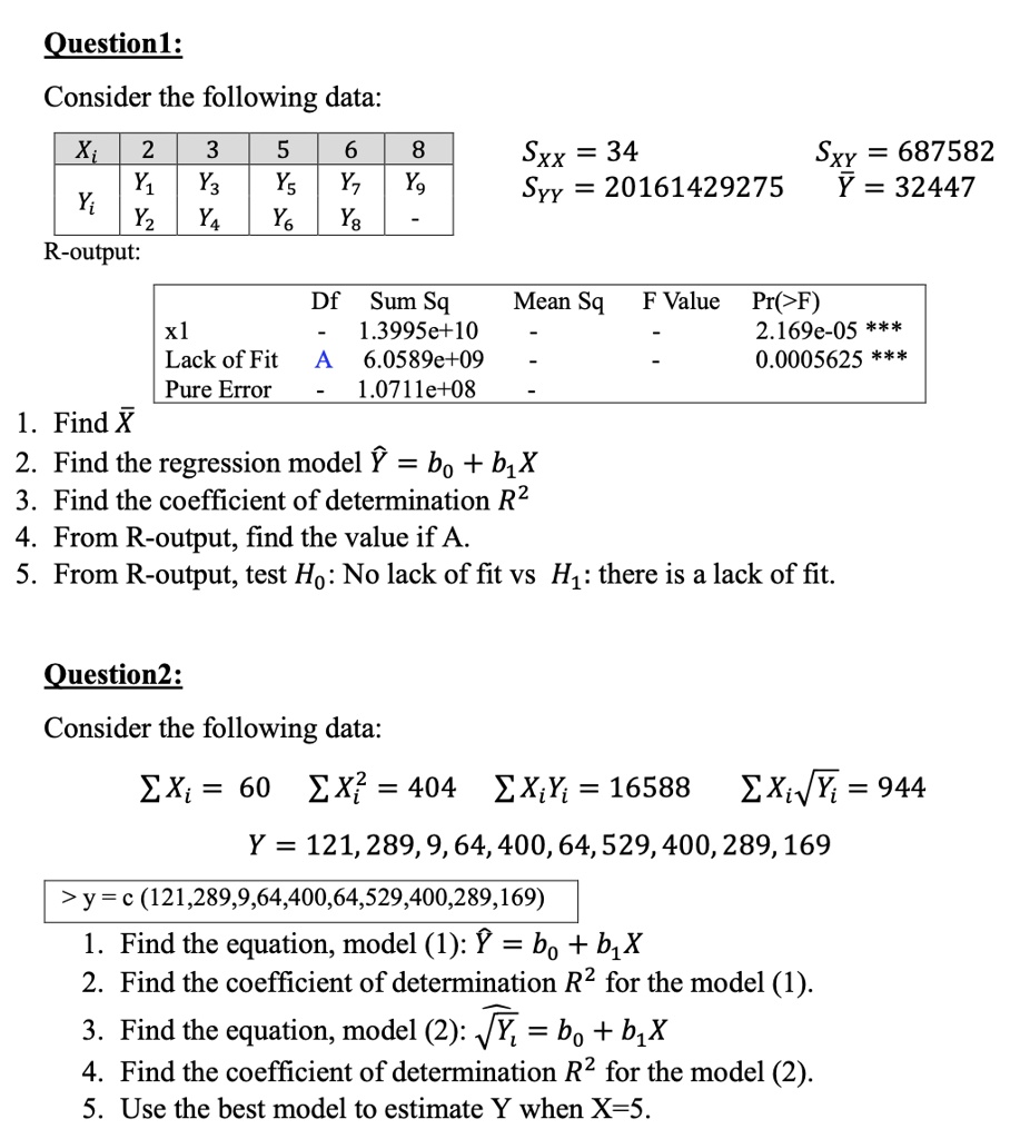 question1 consider the following data sxx 34 sxy 687582 syx 20161429275 y 32447 r output find x find the regression model y b0 b1x find the coefficient of determination r2 from r output find 28576