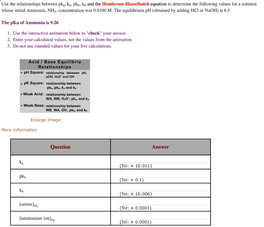 Solved Use The Relationships Between Pka Ka Pkb And The Henderson Hasselbalch Equation To 3403