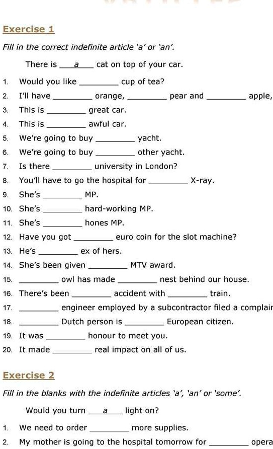 Solved Please Give Answer Exercise 1 Fill In The Correct Indefinite Article A Or An There Is Cat On Top Of Your Car Would You Like Cup Of Tea I Il Have Orange