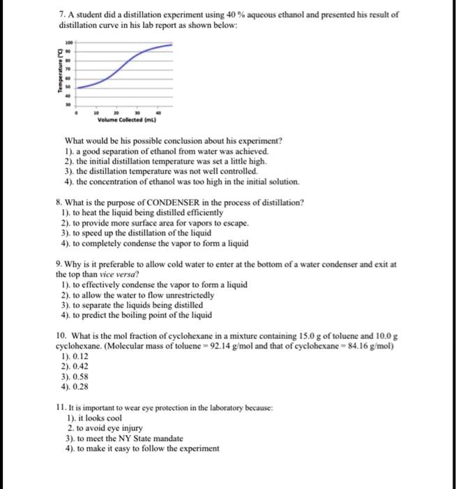 SOLVED student did distillation experiment using 40 aqucous cthanol and prescnfed his nsult