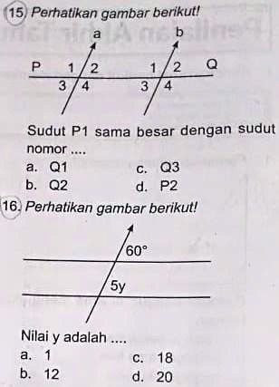 SOLVED: MAPEL MatematikaKELAS 4 SD Perhatikan gambar berikutl Sudut P1 ...