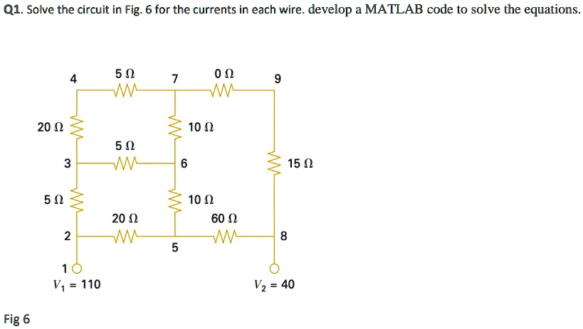 Q1. Solve the circuit in Fig. 6 for the currents in each wire. develop a MATLAB code to solve the equations.

4 5 ?? 7 0 ?? 9
20 ?? 10 ??
3 5 ?? 6 15 ??
5 ?? 10 ??
2 20 ?? 5 60 ?? 8
1 V? = 110 V? = 40
Fig 6