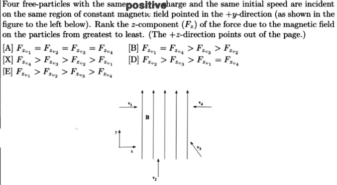 Four free-particles with the same positive charge and the same initial speed are incident
on the same region of constant magnetic field pointed in the +y-direction (as shown in the
figure to the left below). Rank the z-component (Fz) of the force due to the magnetic field
on the particles from greatest to least. (The +z-direction points out of the page.)
[A] Fz1 = Fz2 = Fz3 = Fz4 [B] Fz1 = Fz4 > Fz3 > Fz2
[X] Fz4 > Fz3 > Fz2 > Fz1 [D] Fz2 > Fz3 > Fz1 = Fz4
[E] Fz1 > Fz2 > Fz3 > Fz4