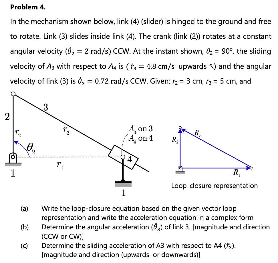 Problem 4 In the mechanism shown below, Link (4) (slider) is hinged to ...