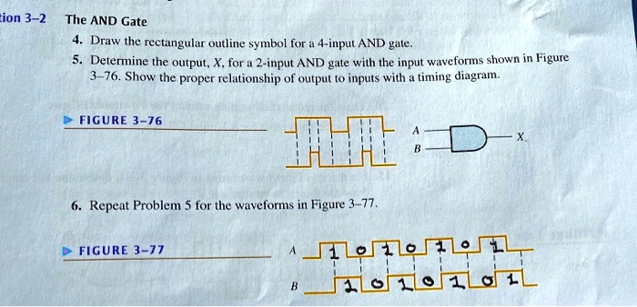 The AND Gate
4. Draw the rectangular outline symbol for a 4-input AND gate.
5. Determine the output, X, for a 2-input AND gate with the input waveforms shown in Figure 3-76. Show the proper relationship of output to inputs with a timing diagram.
FIGURE 3-76
6. Repeat Problem 5 for the waveforms in Figure 3-77.
FIGURE 3-77