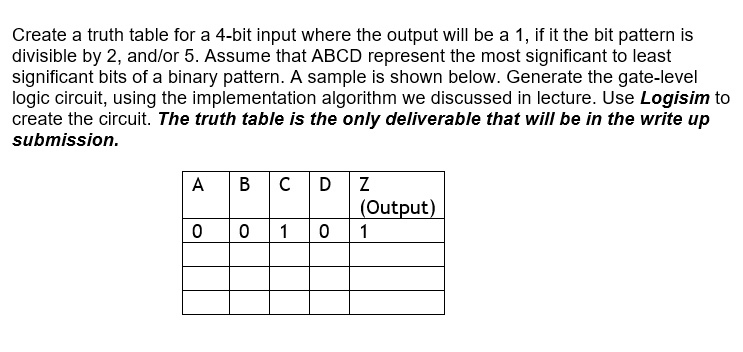 SOLVED: Create a truth table for a 4-bit input where the output will be ...
