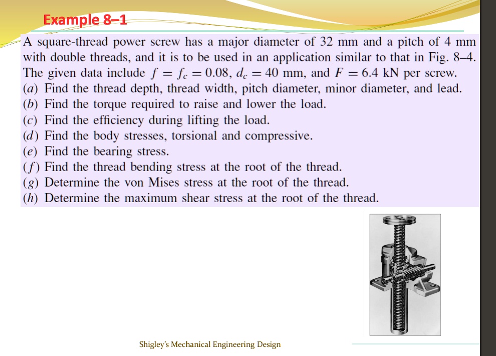 Example 81 A squarethread power screw has a major diameter of 32 mm