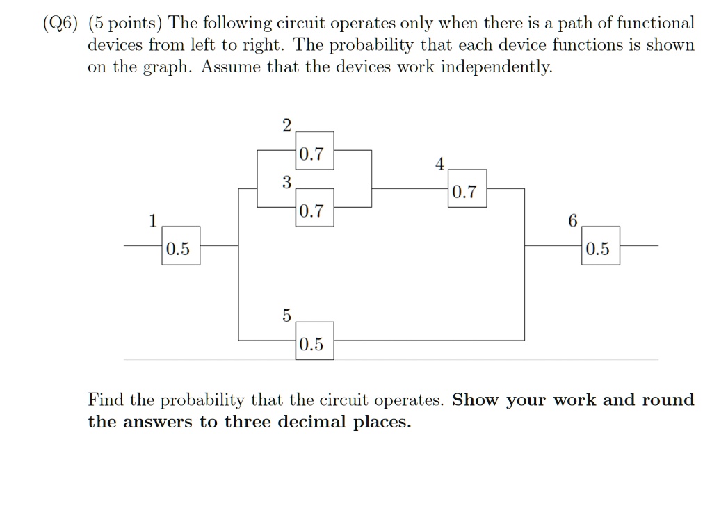 (Q6) (5 points) The following circuit operates only when there is a path of functional devices from left to right. The probability that each device functions is shown on the graph. Assume that the devices work independently.
1
0.5
2
0.7
4
3
0.7
0.7
6
0.5
5
0.5
Find the probability that the circuit operates. Show your work and round the answers to three decimal places.