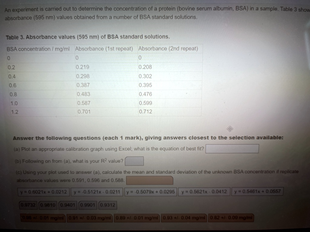 answer question in image absorbance 595 nm values obtained from a number of bsa standard solutions table 3 absorbance values 595 nm of bsa standard solutions bsa concentrationmgml absorbance 47627