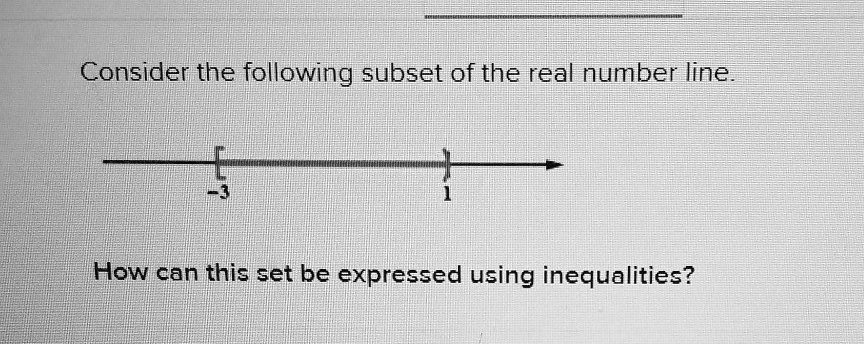 Consider the following subset of the real number line.
[-3, 1)
How can this set be expressed using inequalities?