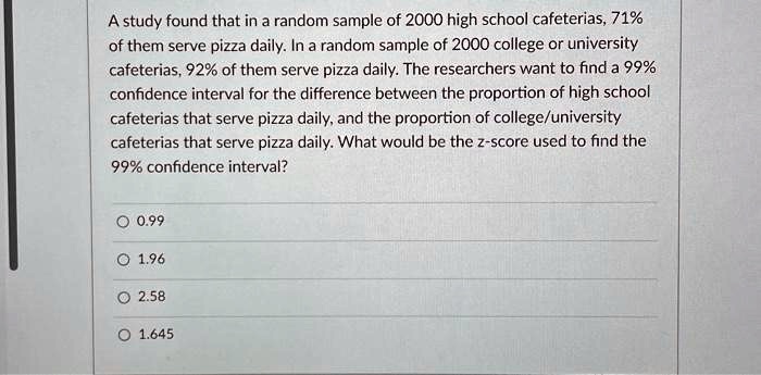 A study found that in a random sample of 2000 high school cafeterias, 71% of them serve pizza daily. In a random sample of 2000 college or university cafeterias, 92% of them serve pizza daily. The researchers want to find a 99% confidence interval for the difference between the proportion of high school cafeterias that serve pizza daily, and the proportion of college/university cafeterias that serve pizza daily. What would be the z-score used to find the 99% confidence interval?

0.99
1.96
2.58
1.645