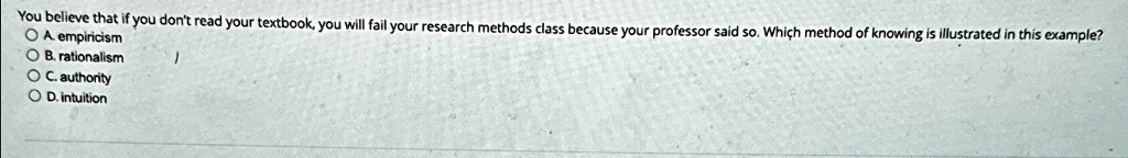 you believe that if you dont read your textbook you will fail your research methods class because your professor said so which method of knowing is illustrated in this example a empiricism b 26038