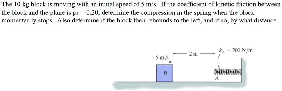 The 10 kg block is moving with an initial speed of 5 m/s. If the coefficient of kinetic friction between the block and the plane is ?k = 0.20, determine the compression in the spring when the block momentarily stops. Also determine if the block then rebounds to the left, and if so, by what distance.

(kA = 200 N/m) (distance from block to spring = 2 m) (initial speed = 5 m/s)