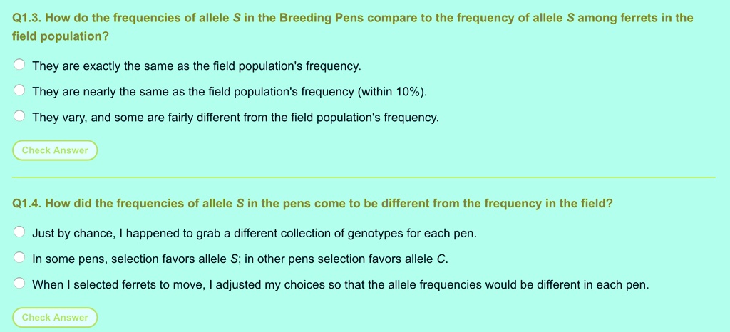 Q1.3. How do the frequencies of allele S in the Breeding Pens compare to the frequency of allele S among ferrets in the
field population?
They are exactly the same as the field population's frequency.
They are nearly the same as the field population's frequency (within 10%).
They vary, and some are fairly different from the field population's frequency.
Check Answer
Q1.4. How did the frequencies of allele S in the pens come to be different from the frequency in the field?
Just by chance, I happened to grab a different collection of genotypes for each pen.
In some pens, selection favors allele S; in other pens selection favors allele C.
When I selected ferrets to move, I adjusted my choices so that the allele frequencies would be different in each pen.
Check Answer