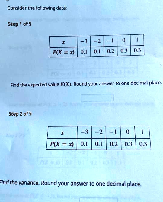 Solved Consider The Following Data Step 1 Of 5 3 2 0 1 0 1 0 2 03 03 Pcx X Find The Expected Value E X Round Your Answer To One Decimal Place Step 2