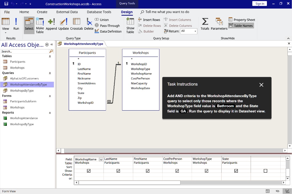 SOLVED Construction Workshops.accdb Access Query Tools Sign in